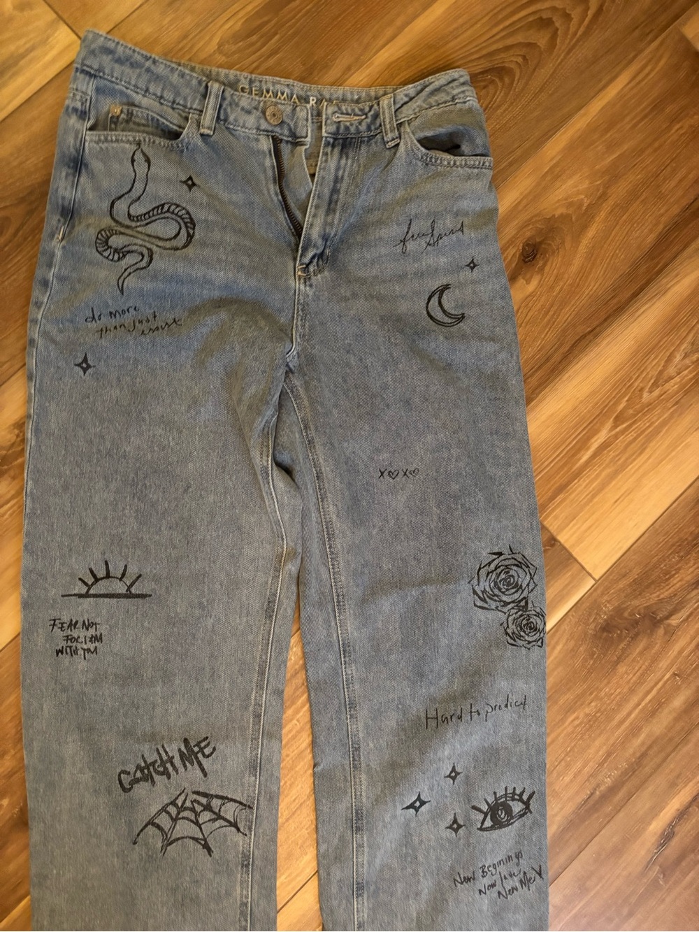 Gemmy Light Blue Straight Jeans with Black Graphic Doodles